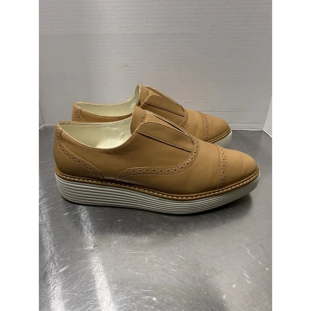 Cole Haan Grand.360 FlowerFoam Slip-On Platform Oxford Shoes Tan Leather 9B